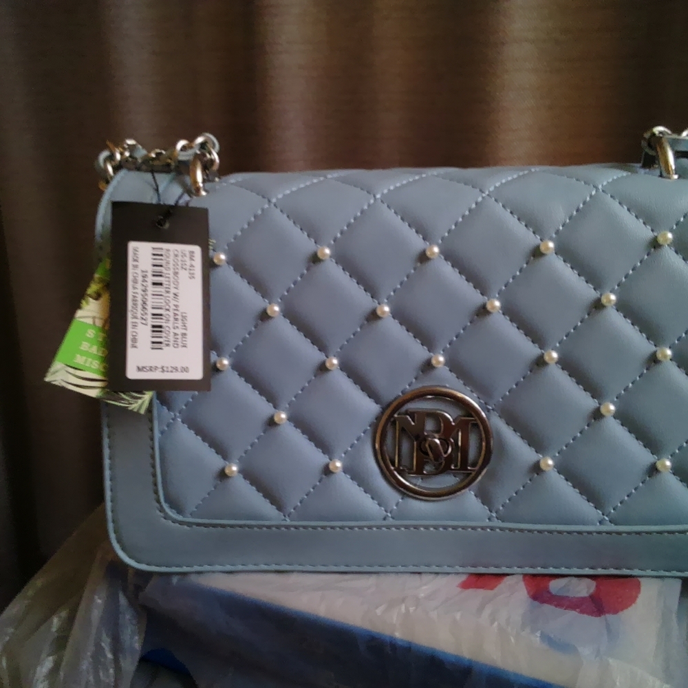 Badgley Mischka Light Blue Quilted Crossbody Bag With Pearls